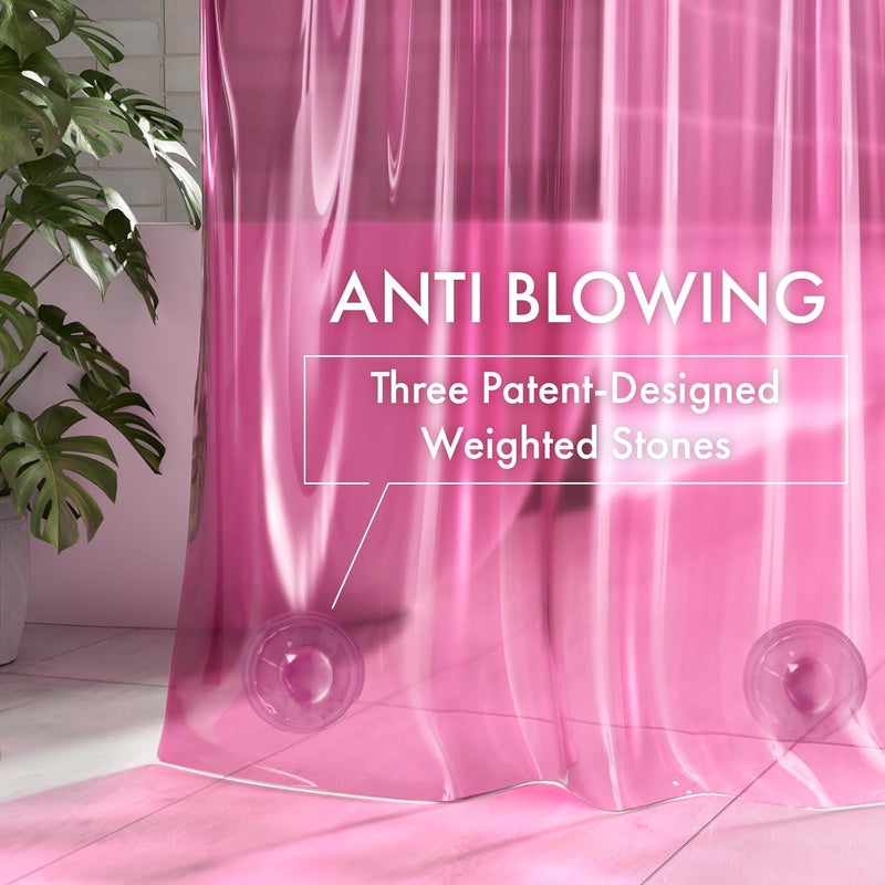 AmazerBath No Hook Shower Curtain and Liner 3-in-1, 8G Luxury Heavy Duty Clear Hot Pink No Hook Shower Curtain Liner, 72x75 Cute EVA Bathroom Weighted Plastic Shower Curtain with 3 Heavyweight Stones - Image 5